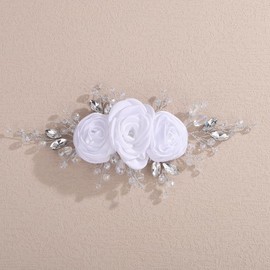 Lenjicons Wedding Satin Large White Rose Flower Hair Clips Rhinestone Beads Bridal Headpiece Elegant Flower Headband Handmade Rhinestone Wedding Hair Accessories for Women (white)