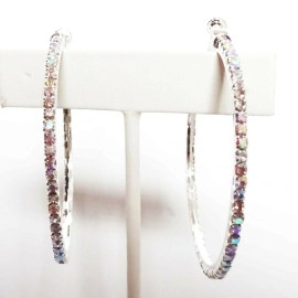 Divas Diggables CLIP-ON EARRINGS CRYSTAL RHINESTONE 2 INCH HOOPS ABS IRIDESCENT STONES SILVER