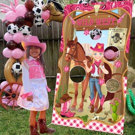 Cowgirl Toss Game, Western Cowgirl Cowboy Game Backdrop Pink with 3 Bean Bags for Kids, Wild West Last Rodeo Cowgirl Birthday Bachelorette Party Decorations Outdoor Indoor Games Family Class Activity