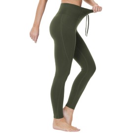 THE GYM PEOPLE Women's High Waist Drawstring Stretchy Workout Leggings Ultra Soft Tummy Control Yoga Pants with Pockets Dark Olive