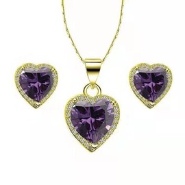 Paris Jewelry 24k Yellow Gold Heart 2 Ct Created Amethyst CZ Full Set Necklace 18 inch Plated