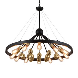 Q&S Wagon Wheel Chandelier,Black and Gold Chandeliers,Modern Farmhouse Large Round Circle Light Fixture for Living Room Hotel Dining Room Stairs Foyer High Ceilings 12 Lights UL Listed W38.2