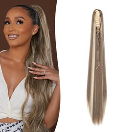 Gairyan 60 cm Ponytail Hairpiece Braid Extensions Long Straight Clip Claw Clip-In Ponytail Extensions Synthetic Hair Extensions Straight Hairpiece Hair Extension for Women Ash Blonde & Blonde