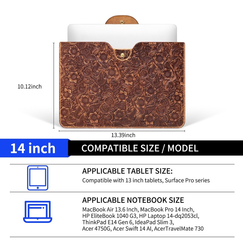 CPNVWA Genuine Leather Laptop Sleeve,Compatible with MacBook Pro 14 Inch