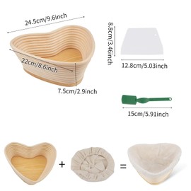 Bread Proofing Basket,25cm/10in Heart Shaped Rattan Sourdough Proving Basket Baking Tool Bowl with 3 Pack Baking Tools for Home Bread Making
