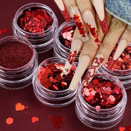 6 Boxes Valentine’s Day Nail Glitters Sequins Laser Red Heart Nail Art Sequins Holographic Shiny with Powder Design Nail Glitters Flakes Supplies for Women Valentines Manicure Body Makeup Decor Charm