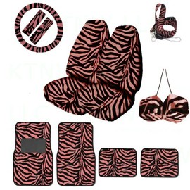 A Set of Animal Print Front and Back Floor Mats, 2 High Back Seat Covers, Wheel Cover, 2 Shoulder Pads, Hanging Dice and Lanyard Key Chain - Zebra Pink - Zebra Pink
