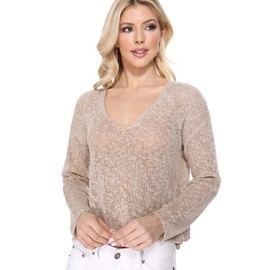 YEMAK Women's Cropped Knit Sweater – Long Sleeve V-Neck Lightweight See Through Casual Soft Knitted Crop Top Pullover MK8268-BLACK-L