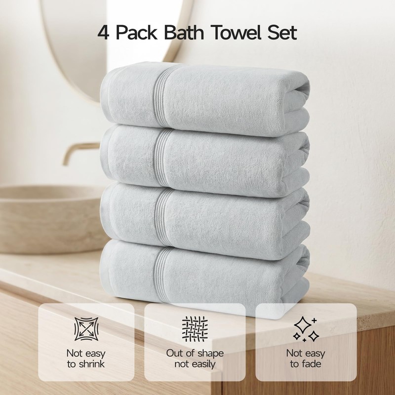 ecolook Bath Towels Set of 4,100% Cotton,27 x 55 Inches,Quick-Drying