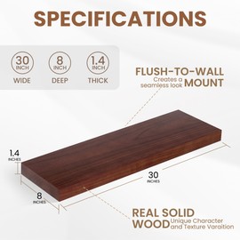 Fun Memories Rustic Floating Shelves for Home Decor, 8 Inch Deep Floating Shelf, Solid Wood Floating Wall Shelves 30 Inch Long, Deep Wall Shelves for Bathroom, Living Room, Walnut Finsh, Set of 2