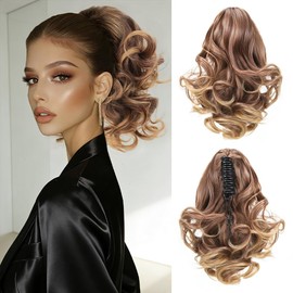 Ponytail Extension, 12in Claw Clip in Curly Wavy Pony Hair Extension, Short Clip on Pony Tail Synthetic Hairpiece for Women Daily Use Light Brown With Golden Ends
