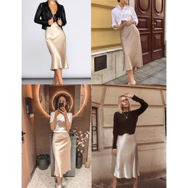 Zeagoo Womens Satin Midi Skirts Casual Fall Zipper High Waisted Skirts Casual Silk Skirts for Work Cocktail Party Wedding Skirts Cracker Khaki Small
