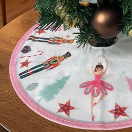 Mini Christmas Tree Skirt 15 Inch, Pink Nutcracker Ballet Table Tree Mat with Candy Accents, Small Xmas Skirt for Desk, Shelf, Girls’ Room, or Indoor Holiday Décor