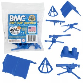 BMC Marx Recast PLASTIC ARMY MEN CAMP EQUIPMENT 10pc Blue Tent Gun Accessories