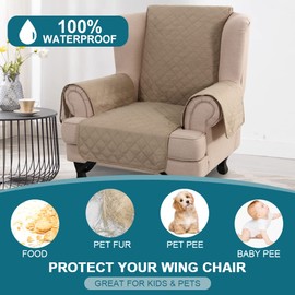 Wingback Chair Slipcover 1 Piece Waterproof Wing Chair Cover Washable Armchair Cover Stretch Furniture Protector for Living Room for Pets Kids (Khaki)