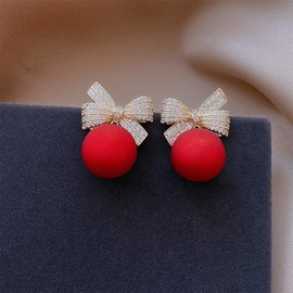 Huge Tomato Christmas Pearl Earring Jackets Pearl Drop Earrings Bowknot Gold Stud Earrings with S925 pins for Xmas