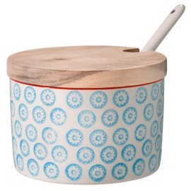 Bloomingville Emma Retro Salt Pot with Lid and Spoon Sugar Bowl Vintage Pot for Jam Diameter 10 cm Blue Ceramic Holds Approx. 250 ml