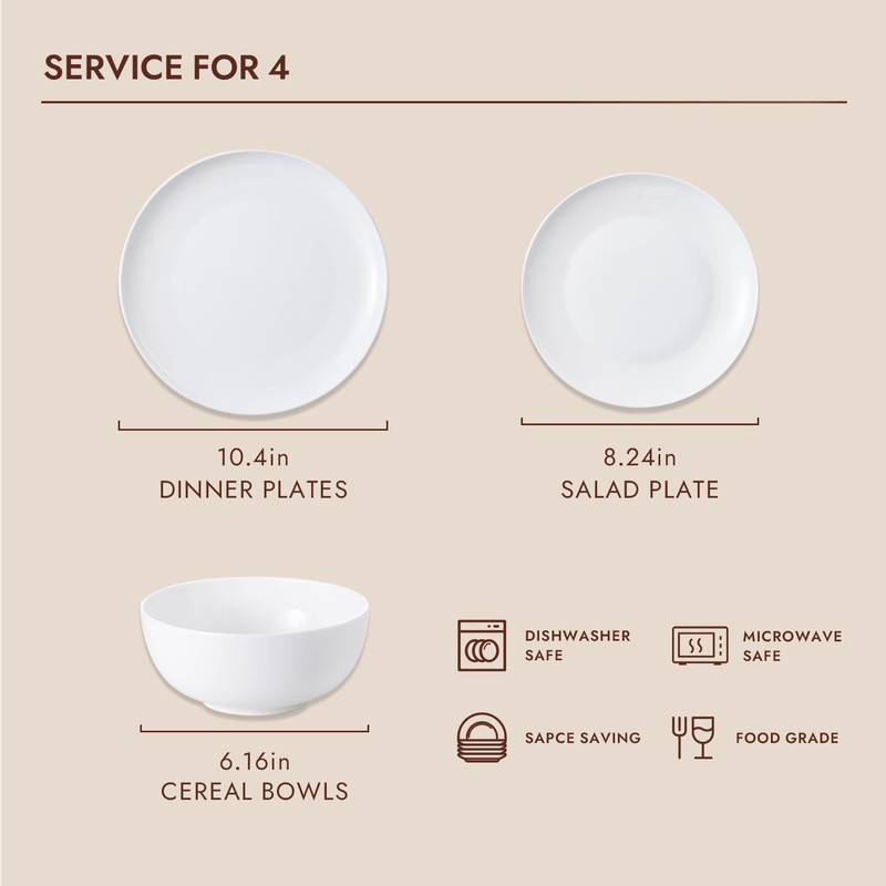 KINGSTONE Bone China Dinnerware Sets, 12-Piece Dinnerware Set for 4,