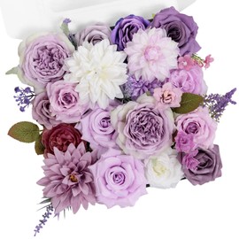 TINGE TIME Artificial Flowers Combo Box Set, Light Purple Silk Fake Roses Peony with Stems for DIY Bridal Wedding Bouquets Baby Shower Floral Arrangements Centerpiece Table Party Home Decorations