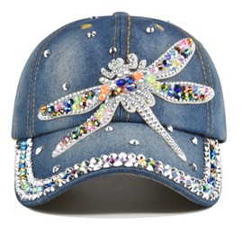 Bling Dragonfly Women's Rhinestone Baseball Cap,Shiny Denim and Diamonds Hat,Sparkling Mom Hat,Fun Baseball Haty