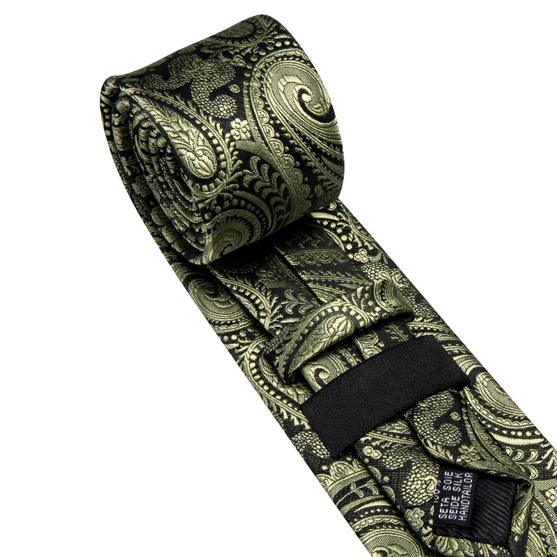 Barry.Wang Olive Green Black Ties for Men Paisley Silk Necktie
