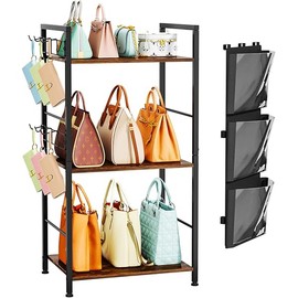 HapiRm Purse Organizer Storage Rack - Floor-Standing 3 Tier Purse Holder with Side Hooks and Transparent Pockets for Handbag Storage, High-Capacity Bag Organizer for Closet, Home, Living Room