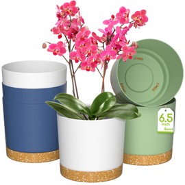 ZMTECH Set of 6 Self Watering Plastic Plant Pots, 6.5in Diameter x 6.1in Height, Modern Decorative Flower Pots for Indoor Outdoor House Plants, Succulents, Flowers (White+Green+Blue)