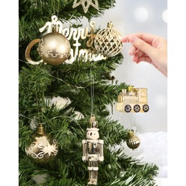 SOBEAU Christmas Baubles, Pack of 50 Christmas Tree Baubles with Gift Package, Plastic Christmas Tree Baubles with Hangings, White Gold Tree Decoration, Christmas Tree Decoration