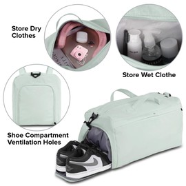 Sports Travel Gym Bag for Women, Workout Duffel Bag Overnight Shoulder Bag with Shoes Compartment and Wet Pocket Ladies Weekend Bag Carry on Luggage Bag for Airplane Beach Mint Green