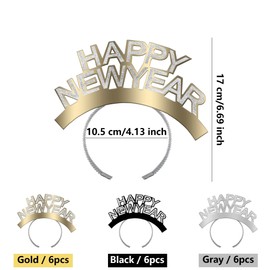 Haconba 18 Pack HAPPY NEW YEAR Headband Glitter Tiara Head Hoop for New Years Eve Gift Party Favors Photo Prop, 3 Colors