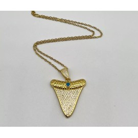 Shark Tooth Cubic Zirconia Pendant Brass Plated Chain 18'' Necklace