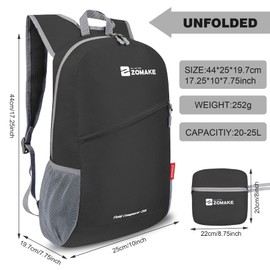 ZOMAKE Foldable Backpack Lightweight Rucksack 20L,Ultra Packable Small Backpacks Water Resistant for Travel Hiking Camping Walking Daypack Men Women(Black)
