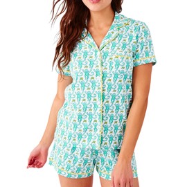 Zelbuck Womens Y2k Preppy Pajamas Set, 2 Piece Button Down Monkey Beach Shorts Set Holiday Vacation Loungewear Pjs for Jammies Back to School Party Birthday Gifts(Zesty Mint, XX-Large)