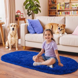 Pionblank Fluffy Oval Rug for Bedroom 3.3x6.2, Shag Throw Rugs for Bedside, Ultra Soft Cute Plush Carpet for Girls Boys Room Living Room Nursery Dorm Home Decor, Royal Blue