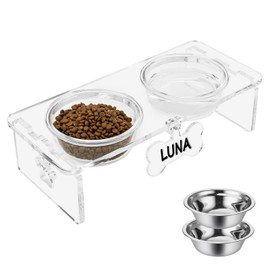 Clear Acrylic Elevated Dog Bowls with Writable Name Signs - 2×21oz Thick Glass & 2×Stainless Steel Bowls, 4.5" Height Raised Pet Feeder Stand, Food and Water Bowl Set for Cats Small Dogs
