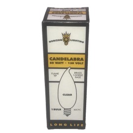 HORIZON 60 WATT FLAME BULB, CANDELABRA BASE, CLEAR. LONG LIFE, CASE OF 25