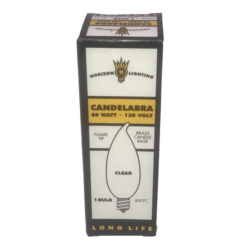 HORIZON 60 WATT FLAME BULB, CANDELABRA BASE, CLEAR. LONG LIFE,