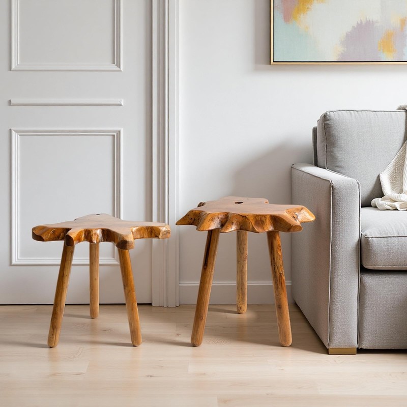 JOLLYMER Natural Teak Wood Live Edge Side Table with Wood