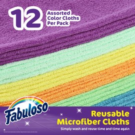 Fabuloso Microfiber Cleaning Cloths for Home & Car, Lint-Free Scratch-Free Rags for Glass, Kitchen & Wood, Reusable Machine Washable, Absorbent for Dusting & Wiping, Rainbow, 13 x 13 in, 12 Count