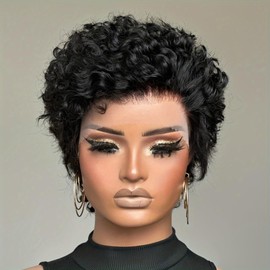 PangDongLai Pixie Cut Human Hair Wigs for Black Women13x2 Lace Frontal Wigs For Women Short Curly Bob Wigs 150% Density Real Natural Hairline Short Pixie Curly Wigs Natural Black Color