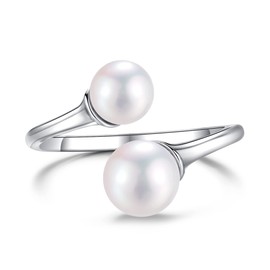 LUCKMORA Pearl Ring for Women Sterling Silver Rings 925 Adjustable Open June Birthstone Rings for Teen Girls with Real Round Genuine Freshwater Cultured Stackable (2P)
