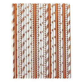 YAOSHENG Paper Straws, 100 Metallic Foil Striped/Wavy/Pink Straws, Suitable for Birthdays, Weddings, Brides, Christmas Decorations and Party Supplies (Rose Gold)