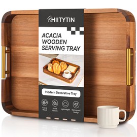 Hiitytin Wood Serving Tray with Metal Handles, Ottoman Tray Large Acacia Wooden Decorative Serving Tray for Coffee Table Living Room, 16.5" x 12.5" x 2.3"