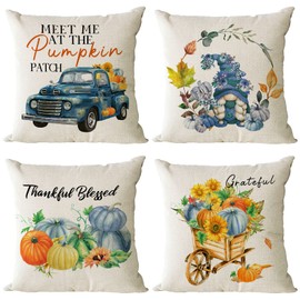 YeeJu Fall Pillow Covers 12x12 Set of 4 Thanksgiving Autumn Decorative Pillow Covers Blue Fall Pumpkin Gnome Truck Cushion Covers Pillow Cases for Home Outdoor Couch Sofa Decorations (12 inch)