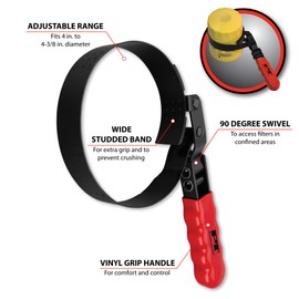 Performance Tool W54134 Oil Filter Wrench, Swivel Handle, Studded Steel Band, 4 in. to 4 3/8 in. (101.5mm to 111mm) Diameter, Black/Red