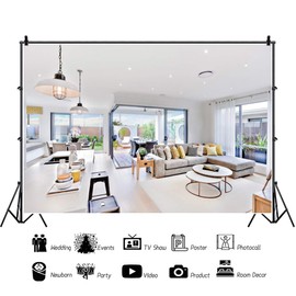 OERJU 10x8ft Modern Living Room Backdrop European Simple Design House Interior Photography Background Sofa Dining Table Home Party Decor Kids Adult Portrait Photo Video Conference Supplies