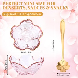Yiyiring Set of 8 Pink Cherry Blossom Glass Bowls with Flower Spoons, Sakura Sauce Dishes Seasoning Little Bowl with Gold Rim Japanese Flower Crystal Glass Appetizer Plates for Dipping Ice Cream