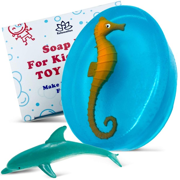Relaxcation Soap Bar For Kids with Toy SEA ANIMALS Inside - Sweet SEA SHARK Scent and Blue Color of a bar - Gift For Boys and Girls - for Hand, Face, and Body Wash - Handmade in USA