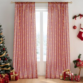 MRTREES Curtain Red Ruffle Tape Curtain Christmas Curtains Living Room Modern with Gold Motifs of Christmas Elk, Christmas Snowman and Christmas Tree Curtain with Ruffle Tape 245 x 140 cm (H x W)