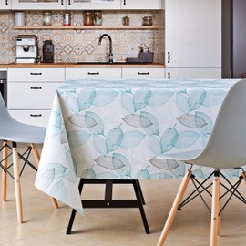 KP HOME Wipe Clean Tablecloth Grey And Teal Leaves Pattern PVC Table Cover - Rectangle Square 140 x 140 cm Wipeable Vinyl Plastic Table Cloth With Modern Leaf Design